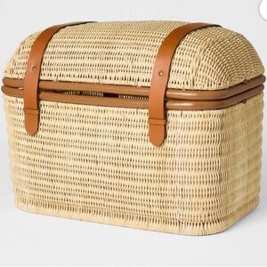Studio McGee Woven Rattan Storage Trunk with Tan Leather Straps
